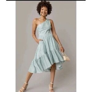 AUDREY PARKS Women's Sloane Stripped One Shoulder Green & White Midi Dress Sz M